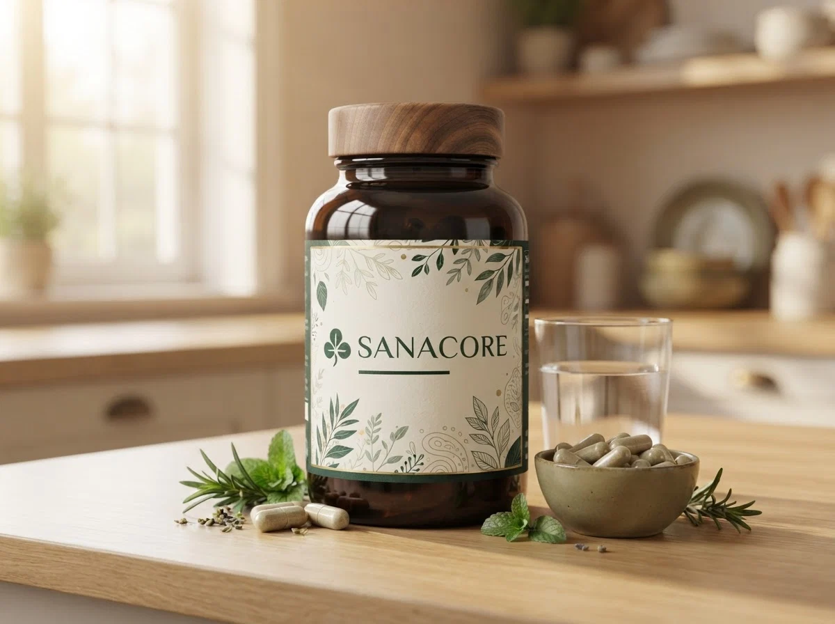 SanaCore bottle with capsules and instructional label